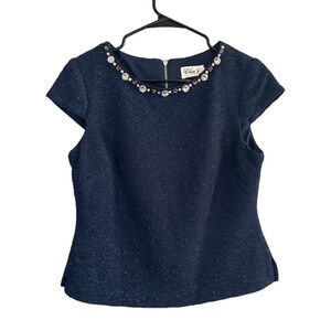 Eliza J Blue Beaded Neck Cap Sleeve Zipper Back Formal Blouse Women Sz 6